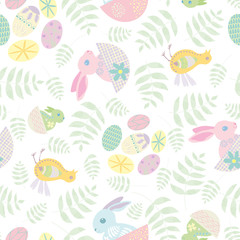 Easter bunny seamless vector pattern background. Decorated folk art rabbits, egg and chicks illustration. Scandinavian style baby animals and spring symbols backdrop. Christian celebration concept