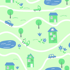 Seamless pattern of a small town and countryside. Pattern with roads, houses, trees and different cars. Perfect for kids fabric, textile, nursery wallpaper. Vector illustration. City map. Flat style.