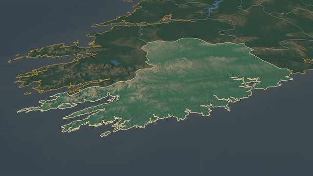 Cork, county with its capital, zoomed and extruded on the relief map of Ireland in the conformal Stereographic projection. Animation 3D