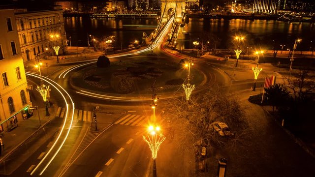 BUDAPEST &ndash; Timelapse of Clark Adam square roundabout at night with Chain Brudge in view