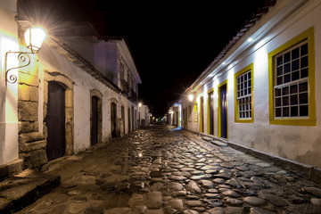 Fototapeta na wymiar Empty Street in Historical Center of Paraty at Night