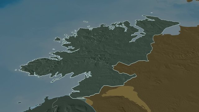 Donegal, county with its capital, zoomed and extruded on the administrative map of Ireland in the conformal Stereographic projection. Animation 3D