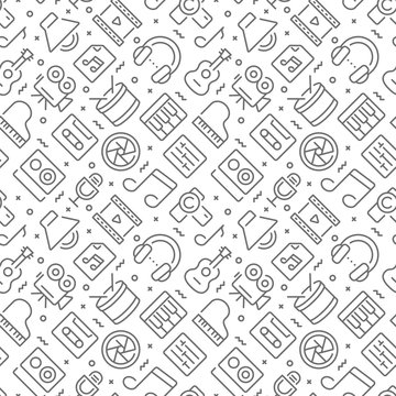 Music and video related seamless pattern with outline icons