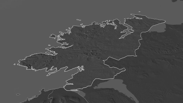 Donegal, county with its capital, zoomed and extruded on the bilevel map of Ireland in the conformal Stereographic projection. Animation 3D