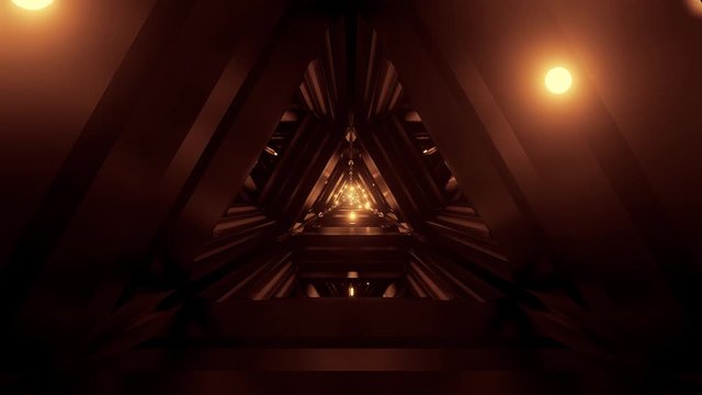 Technical golden triangle space ship hangar tunnel corridor. 3d illustrations looped graphics motion.