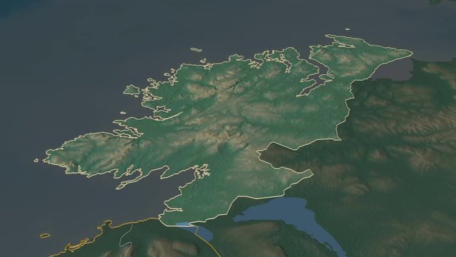 Donegal, county with its capital, zoomed and extruded on the relief map of Ireland in the conformal Stereographic projection. Animation 3D