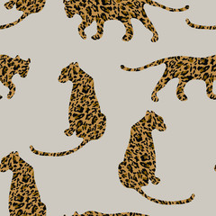 Fashionable leopard skin seamless pattern. Modern wild animal silhouette repeat illustration. Stylized spotted vector texture. Creative print on beige background. For fashion, fabric, tile, wallpaper