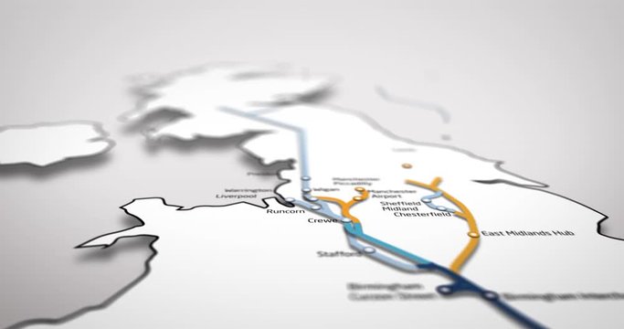 Professionally animated 3D route map of the HS2 fast train service in the United Kingdom. The animation shows the construction of the route from London Euston to the North of England and Scotland.