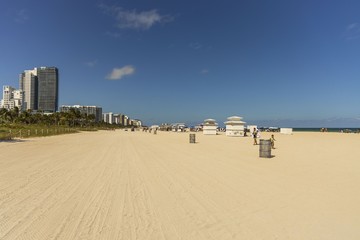 Beautiful landscape view of Miami South  Beach coast line. Sand beach, Atlantic Ocean, people  on blue sky background. USA. Miami Beach. 
