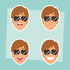 young men heads with sunglasses characters