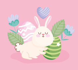 happy easter cute rabbit eggs flowers leaves floral decoration