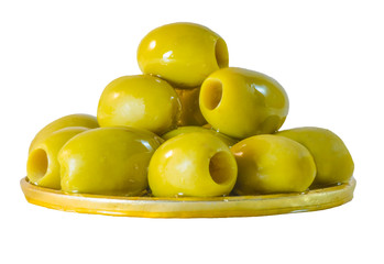 Fresh green olives on a white background