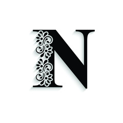 letter N. Black flower alphabet.  Beautiful capital letter with shadow