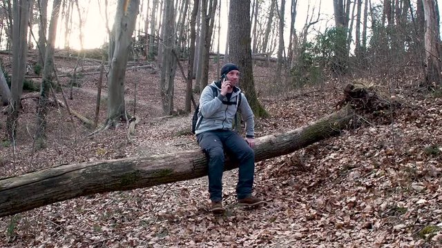 Hiker talking on his smartphone while sitting on a broken tree in a forest.
