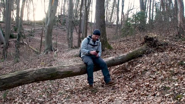 Hiker texting on his smartphone while sitting on a broken tree in a forest.