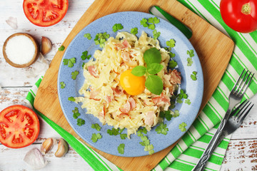 A plate with traditional pasta carbonara