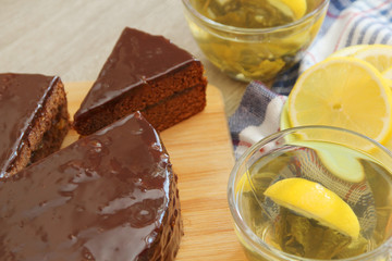 Traditional Austrian cake with green tea