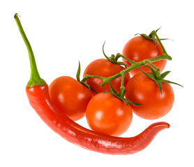 fresh tomatoes with raw red pepper isolated on white background