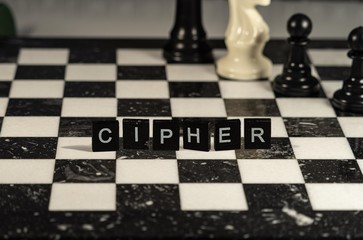The concept of Cipher represented by black and white letter tiles on a marble chessboard with chess...