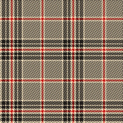 Seamless glen plaid pattern. Fabric texture in nearly black, gold beige, and red for jacket, coat, skirt, trousers, vest, or other modern fashion textile print. Background for autumn winter clothing.