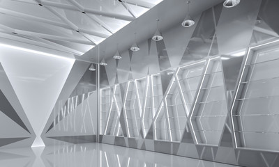 Obraz premium Shopping room with glass shelves and lights. Triangles. 3d illustration