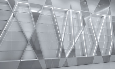 Shopping room with glass shelves and lights Time sign. Triangles. 3d illustration