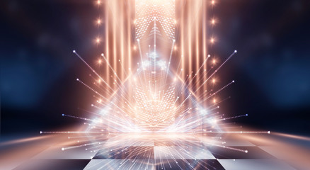 Abstract modern dark background. Dark empty scene with rays and spotlights. Night abstract blue background with golden light. Neon light, reflection.