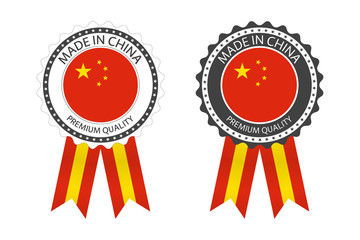 Two modern vector Made in China labels isolated on white background, simple stickers in Chinese colors, premium quality stamp design, flag of China