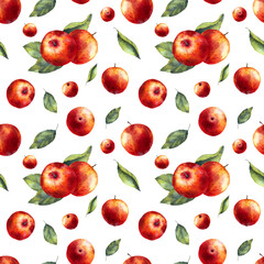 Watercolor seamless pattern with red apples, branches and leaves on white background. Hand-painted.