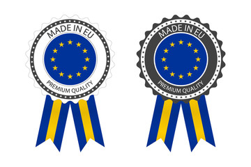Two modern vector Made in the European Union labels isolated on white background, simple stickers in European colors, premium quality stamp design, flag of European Union