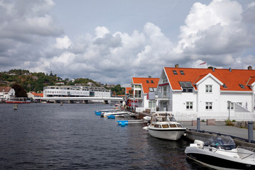 White houses on the seafront in Mandal city, Southern Norway