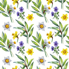 Watercolor seamless  pattern with spring daffodils, pansies and green leaves on white background. Hand-painted.