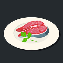Salmon steak with parsley on a white plate. Vector illustration.