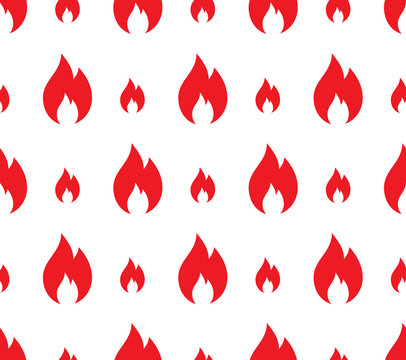 Fire icon background. Seamless pattern of red flame. Burning bonfire. Hot, dangerous, attentive concept. Vector isolated on white background