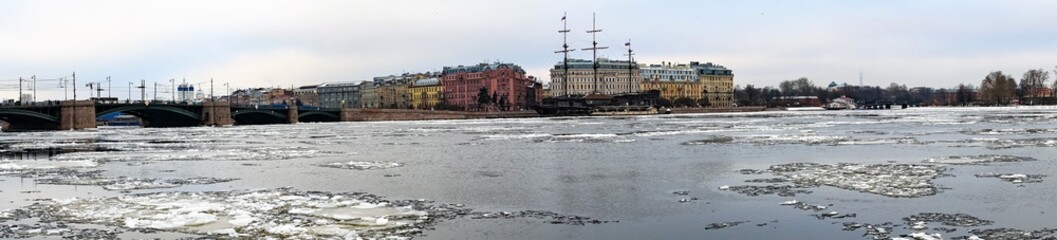 St. Petersburg, Russia, February 2020. The bridge over the river and the panorama of the Petrograd side.