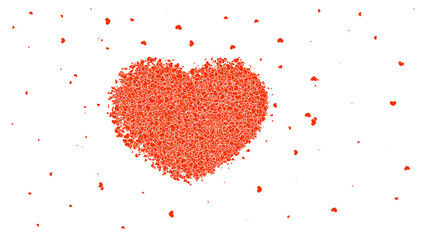 The red heart is scattered, confetti particles. Vector illustration isolated background.