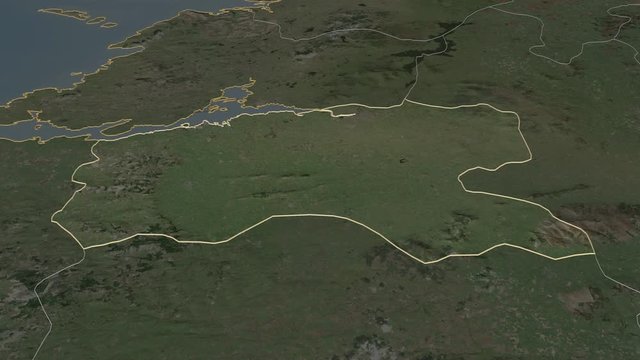 Limerick, county with its capital, zoomed and extruded on the satellite map of Ireland in the conformal Stereographic projection. Animation 3D