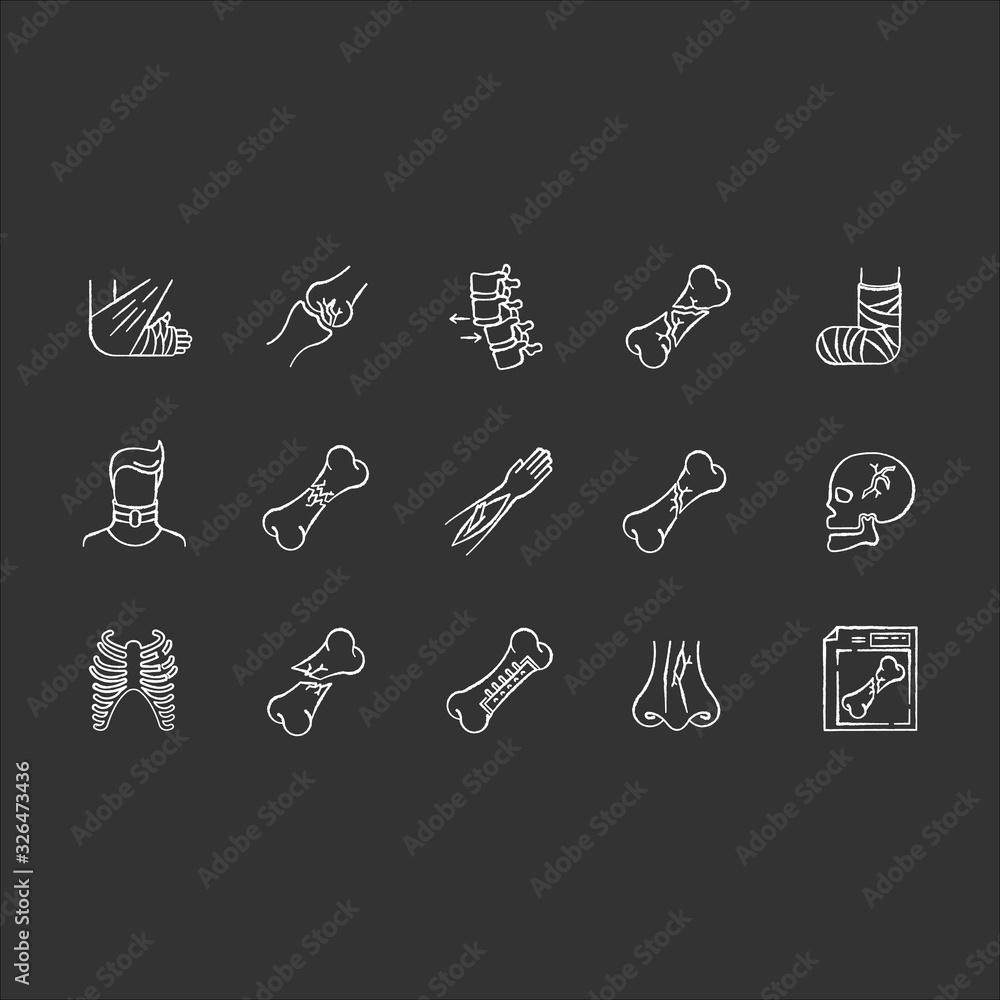 Sticker Body injuries chalk white icons set on black background. Broken arm, foot. Bone fractures. Neck and skull injury. Hurt limbs. Rib cage break. Rib cage break. Isolated vector chalkboard illustrations