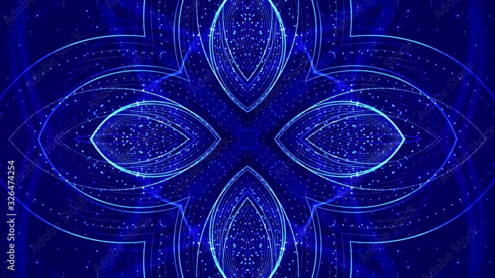 Poster 4k looped sci-fi 3d background with light effects. glow blue particles form lines, surfaces, complex