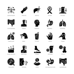 Obraz premium Infectious diseases black glyph icons set on white space. Different pandemic infections, contagious viral illnesses silhouette symbols. Various bacterial pathogens vector isolated illustration