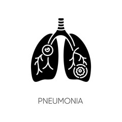 Pneumonia black glyph icon. Dangerous respiratory disease, pulmonary illness silhouette symbol on white space. Streptococcus infection, mycoplasma bacteria. Vector isolated illustration