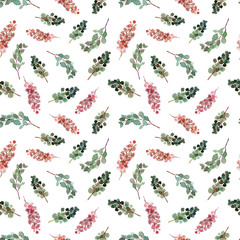 Watercolor eucalyptus branches seamless pattern. Hand painted floral texture with plant objects on white background. Natural tropical wallpaper