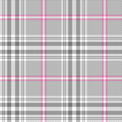 Seamless glen plaid tweed pattern. Hounds tooth check plaid tartan background texture in grey, pink, and white for jacket, skirt, trousers, blanket, or other spring or summer textile design.