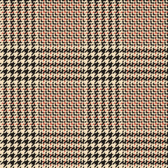 Glen check plaid pattern. Seamless hounds tooth vector plaid background texture in nearly black, gold, and coral red for jacket, skirt, or other modern autumn or winter tweed textile design.