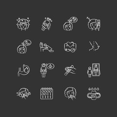 Early pregnancy symptom chalk white icons set on black background. Family planning. Woman feeling expectant of baby. Maternity and motherhood. Isolated vector chalkboard illustrations