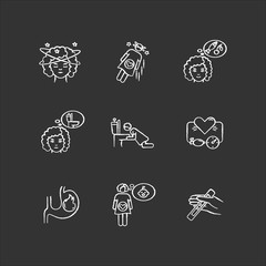 Early pregnancy symptom chalk white icons set on black background. Feeling of dizziness. Food craving. Frequent urination. Woman vomiting in bathroom. Isolated vector chalkboard illustrations