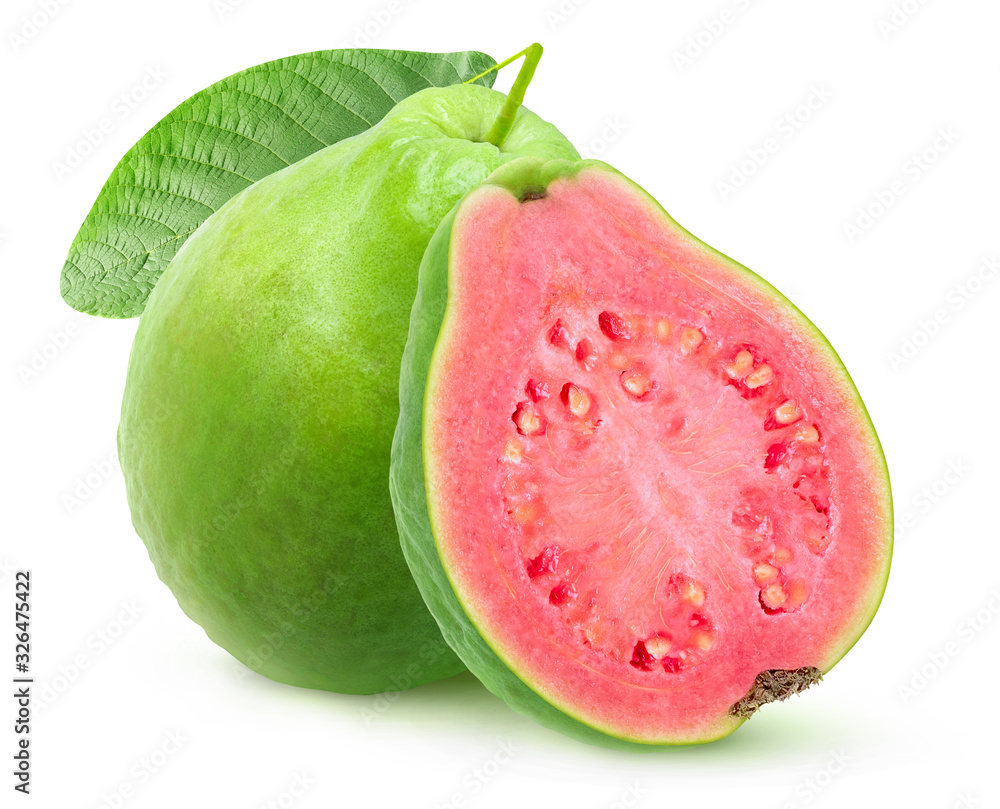 Aufkleber isolated green guava with pink flesh. one whole fruit and a half isolated on white background with c