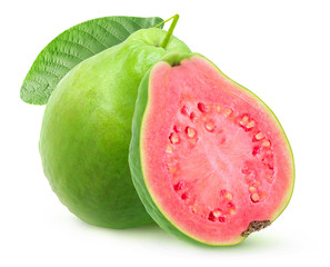 Isolated green guava with pink flesh. One whole fruit and a half isolated on white background with...