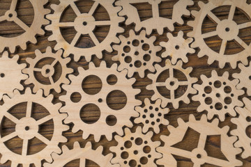 Set of gears made of wood in a puzzle