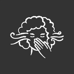 Smell sensitivity chalk white icon on black background. Early symptom of pregnancy. Woman with allergy. Migraine sign. Bad breath. Person covering mouth. . Isolated vector chalkboard illustration